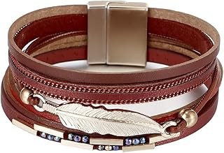 THE PACK | Handmade Braided Leather Bracelet, 23 cm, Magnetic Clasp, Unisex Wristband with Feather Design, Brown