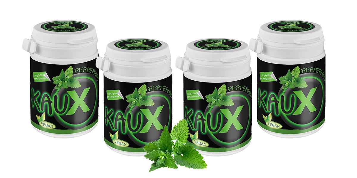 kauX Xylitol guma do żucia bez aspartamu, opakowanie 4 szt. mięta pieprzowa (60 g = 40 sztuk w puszce)