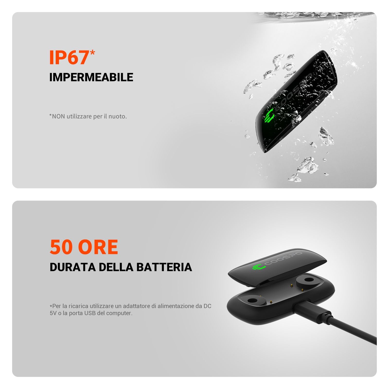 COOSPO Fascia Cardio H9Z Ricaricabile, Bluetooth 5.0/ANT+ Cardiofrequenzimetro HRM Fitness Tracker Impermeabile IP67, Compatibile con Wahoo, Zwift, Strava, Elite HRV