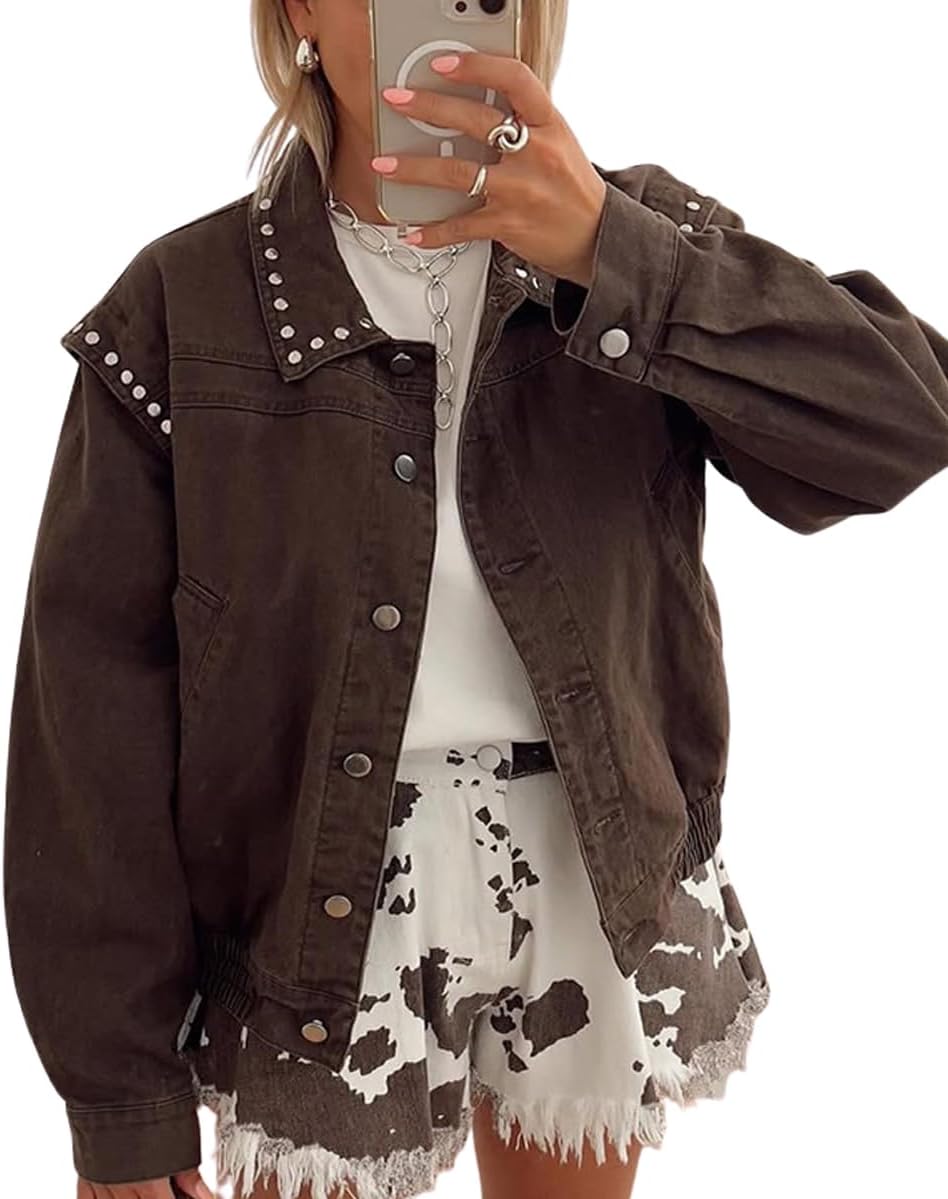 chouyatou Women 2025 Fall Y2K Studded Oversized Jean Jacket Western Distressed Casual Bomber Denim Jacket