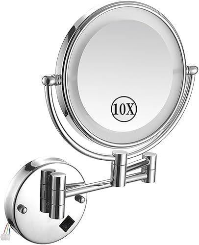 Espejo de maquillaje LED con luces, espejo de aumento de doble cara 1X10X, espejo cromado montado en la pared giratorio de 360 extensible para