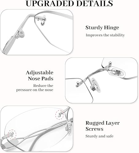 Miniatura 4 de LUFF Gafas de lectura sin montura para mujer, bloqueo de luz azul, ligeras, de metal, clásicas, antifatiga ocular