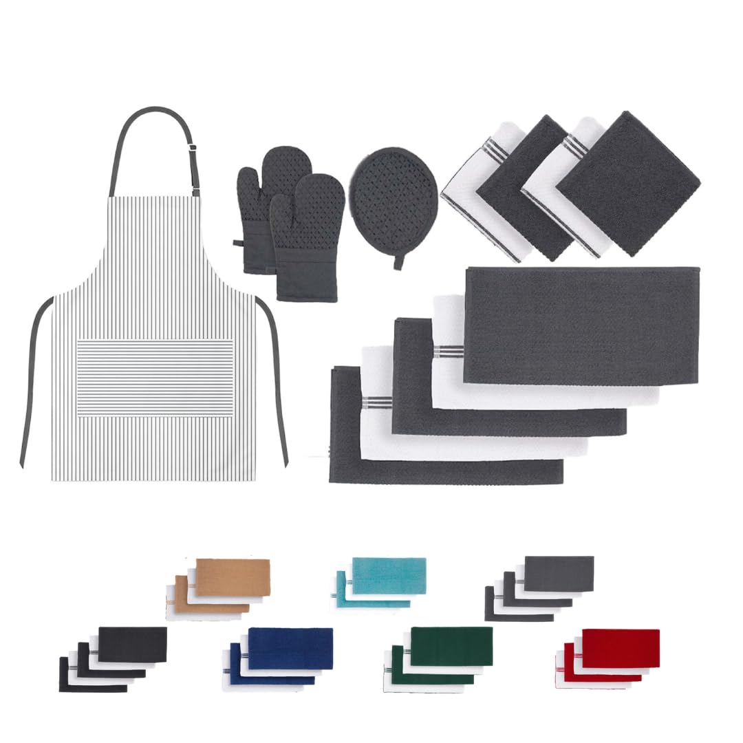 Cloud Scape Linen 12-Piece Kitchen Towel Set Includes Absorbent Dishcloths & Kitchen Towels, Non-Slip Silicone Grip Essential Kitchen Accessories, Grey