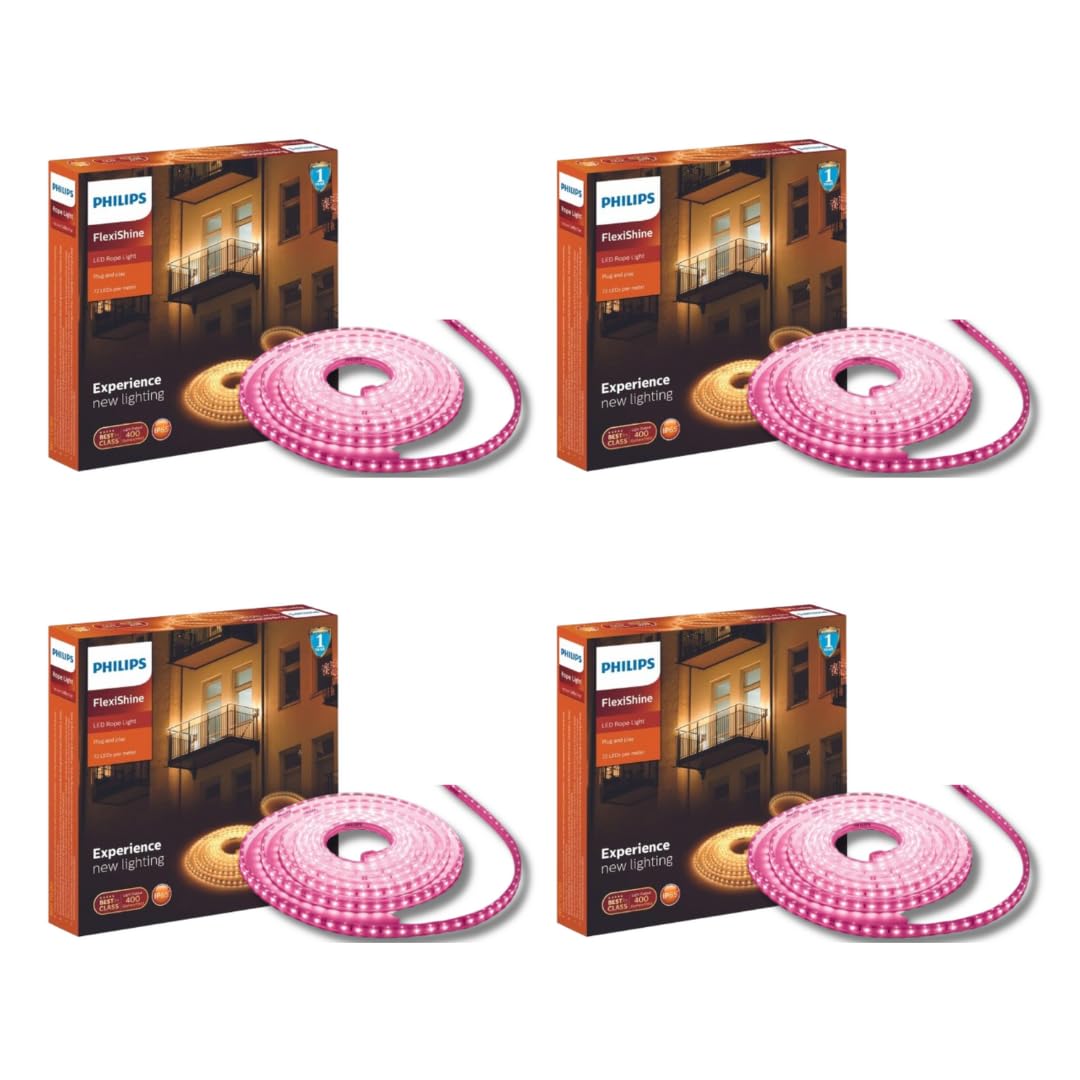PHILIPS 5 Meter LED Rope Light | Flexishine Plug n Play Flexible Rope Light for Indoor and Outdoor Decorations | Rope Light for False Ceiling,Balcony,Diwali,Christmas | Colour : Pink, Pack of 4