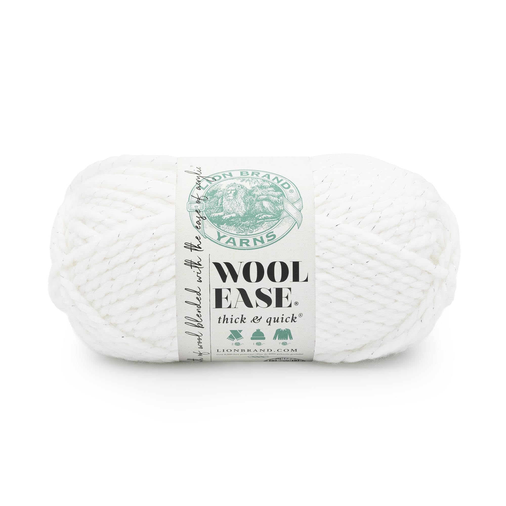 Lion Brand Yarn, Wool-Ease Thick & Quick, Diamond, White Metallic, 1 Pack