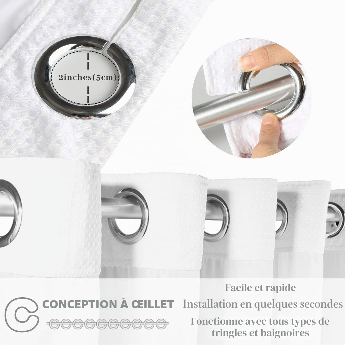 Rideau de Douche Extra Long en Tissu gaufré sans Crochet avec Doublure Amovible en Polyester 100% étanche 71" * 79"（180cm*200cm Blanc