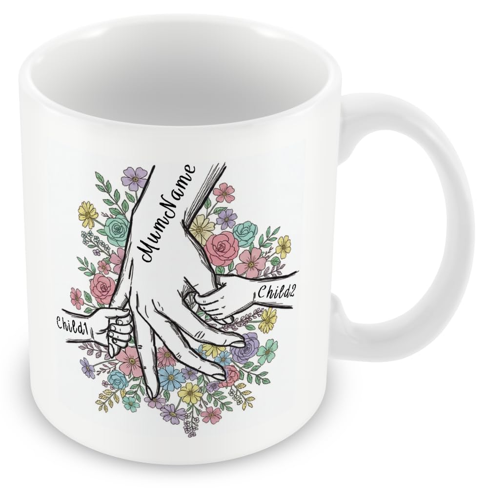 Personalised Mum & Children Holding Hands Mug – Custom Names Mother Child Hand Line Drawing Floral Mug – Gift for Mum, Mummy, Mother, Mam or Mama – Up to 3 Children – Add Matching Card or Coaster