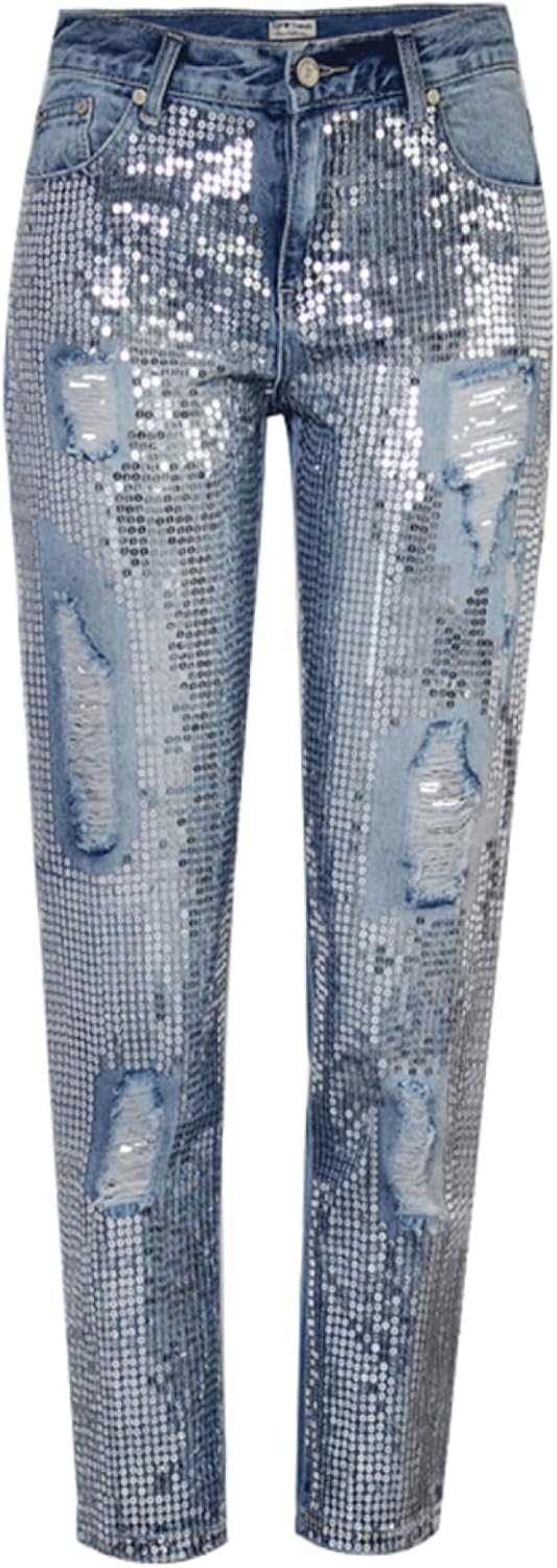 Pantalon en denim droit perles métalliques brodées et trous usés style moderne