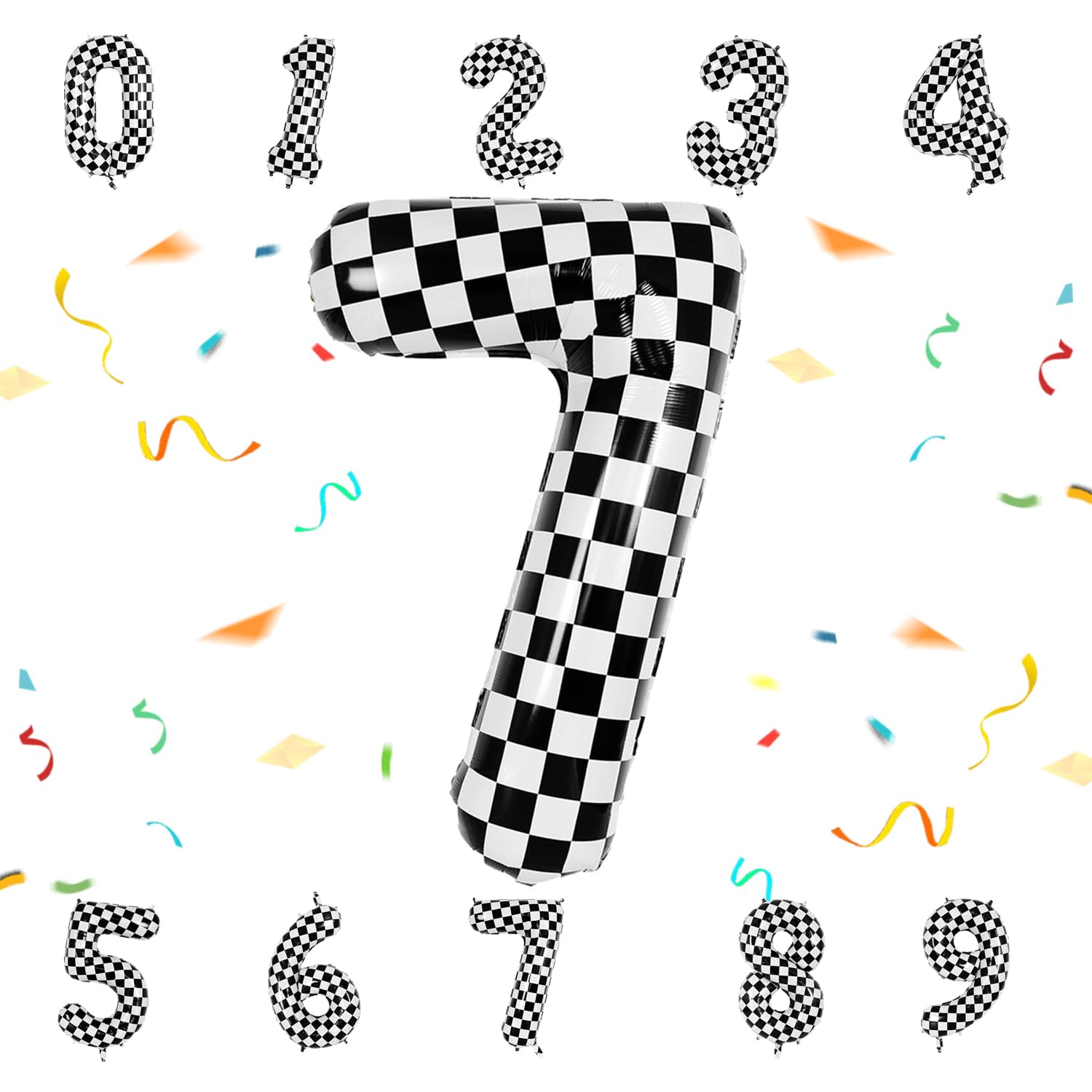 40 Inch Checkered Number Balloon - Race Flag Pattern Big Helium Balloon for Birthday Party Decorations - Black & White Balloon for Kids Adults Party Supplies (Racing Car, Number 7)