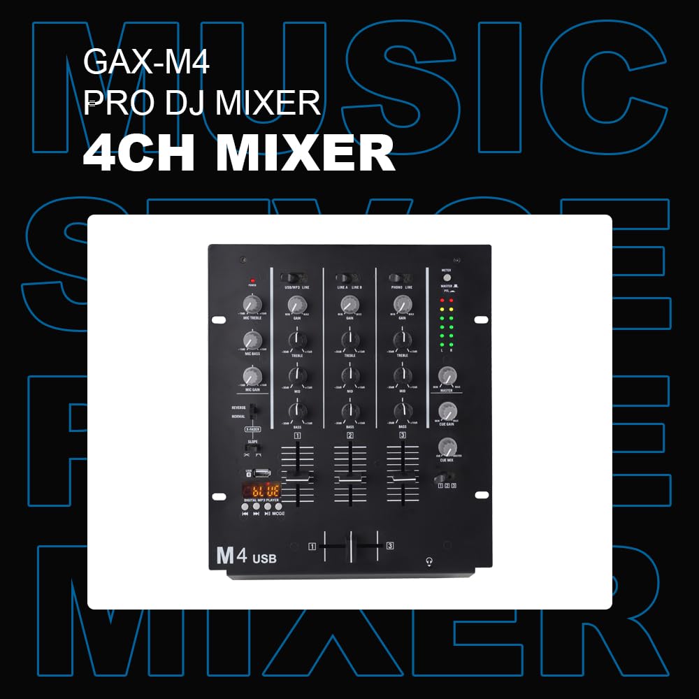 M4 4-Kanal DJ Mischpult (Schwarz), Audio Mixer mit Bluetooth & USB, Crossfader, 3-Band EQ, Gain-Regler & Cue-Monitor-Funktion - Professionelles Soundboard für Party, Club, Karaoke