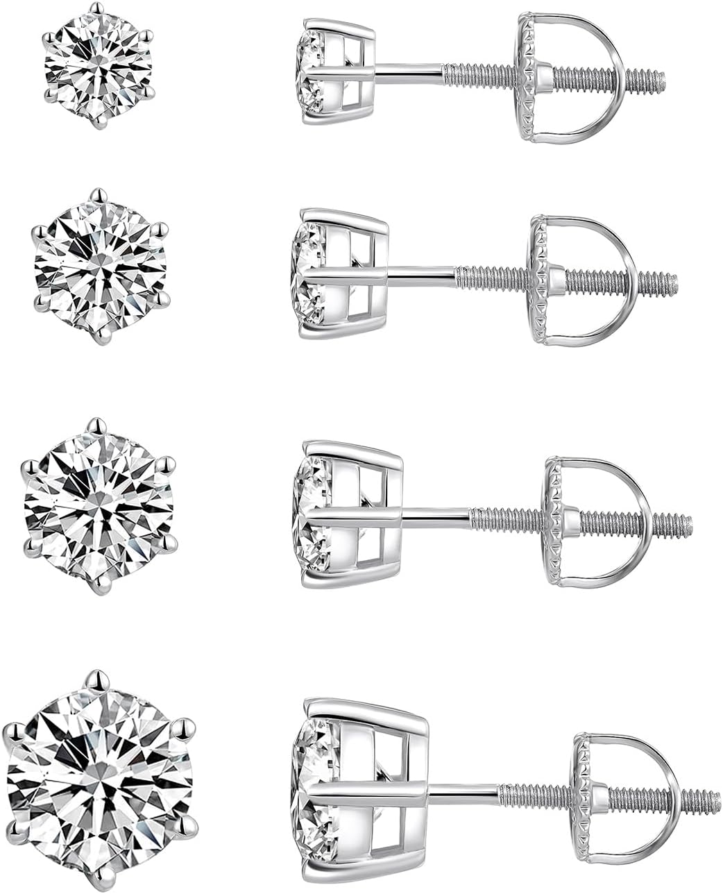 925 Sterling Silver Stud Earrings Set for Women Men 4 Pairs Srewback, 6 Prong Hypoallergenic Cubic Zirconias Silver CZ Studs Earrings 4-7mm