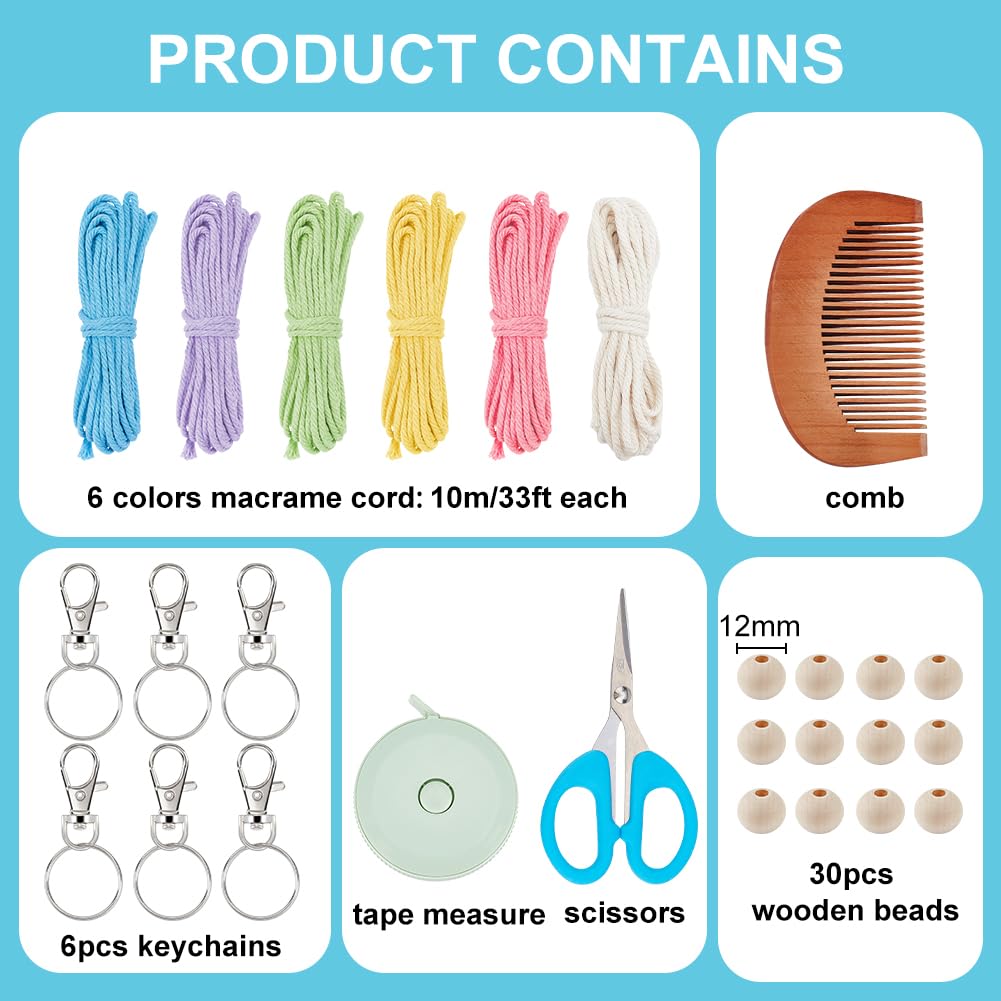 INFUNLY 6 Sets Makramee-Set Für Anfänger DIY-Makramee-Wandbehang-Set Für Erwachsene Anfänger Einfaches Makramee-Set Für Anfänger Mit Baumwollschnur Holzringe Perlen Schlüsselanhänger