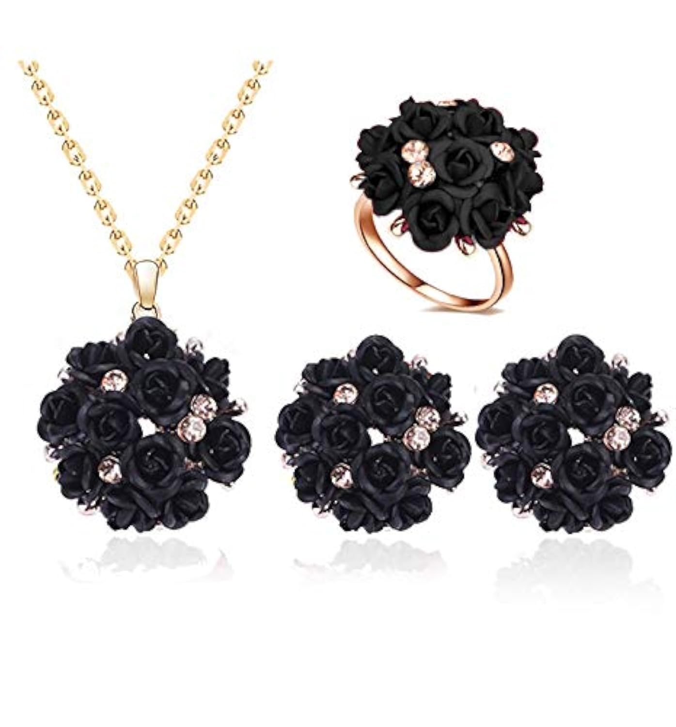 Jewellery Stylish Gold Plated Floral Necklace Jewellery Set with Earrings and Ring for Women and Girls (Black)