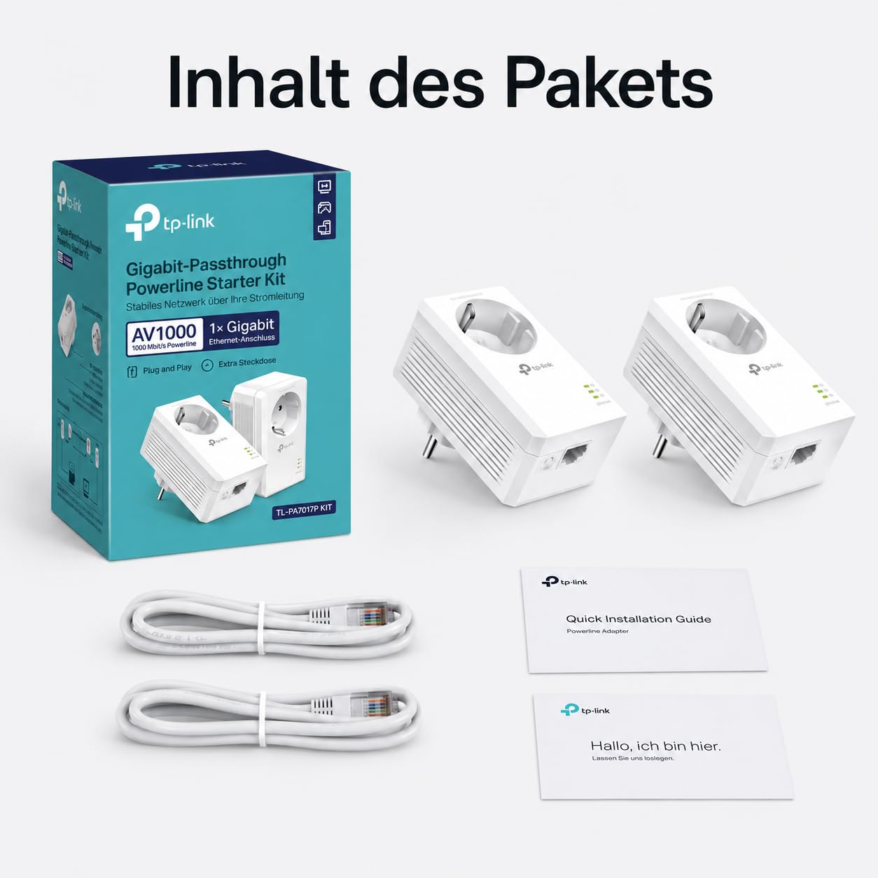 TP-Link Powerline Adapter Set TL-PA7017P KIT(1000Mbit/s, mit Steckdose, Gigabit-Port, Plug&Play, Kompatibel mit HomePlug AV/AV2 Powerline Adaptern, Ideal für Media-Streaming)