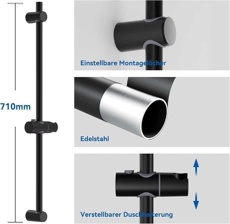 Auralum 70 cm zuhanysín állítható magassággal, 360° forgatható tartóval, rozsdamentes acél, fekete