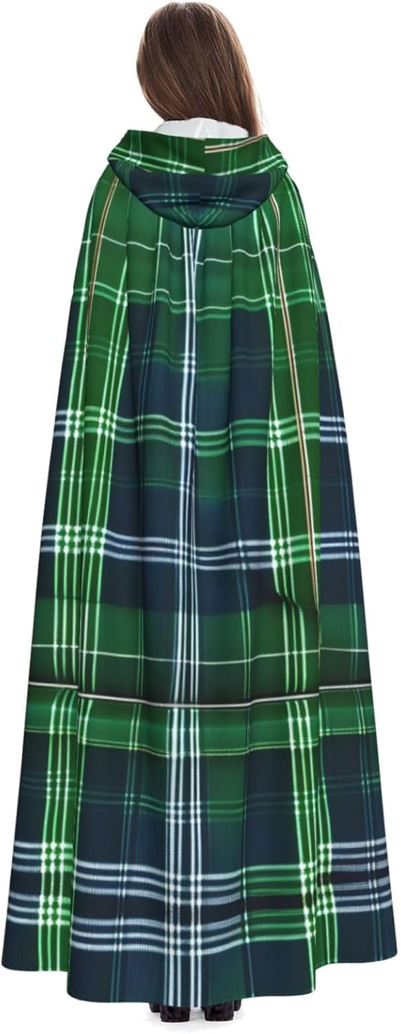 Blue Scottish Tartan Print Men Hooded Cloak,Wizard Hooded Robe,Witch Cape Cosplay Costume Halloween Party Capes
