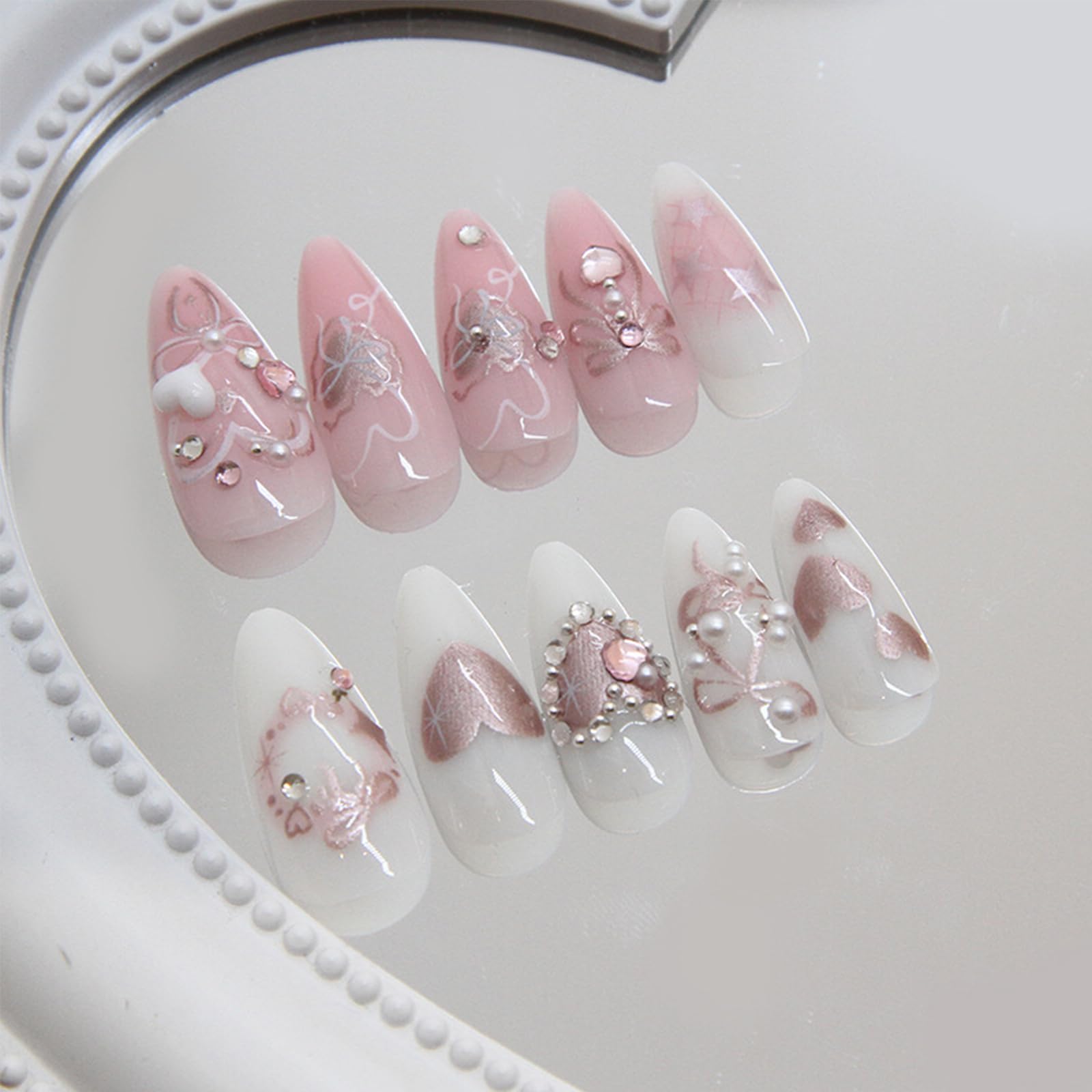 LBPEPAMZ Green Press on Nails Medium Almond Fake Nails with 3D Pearl Rhinestones Designs Gold French Tips Flower Acrylic Nails False Nails White Floral Full Cover Glossy Stick on Nails for Women 24Pcs: Hearts