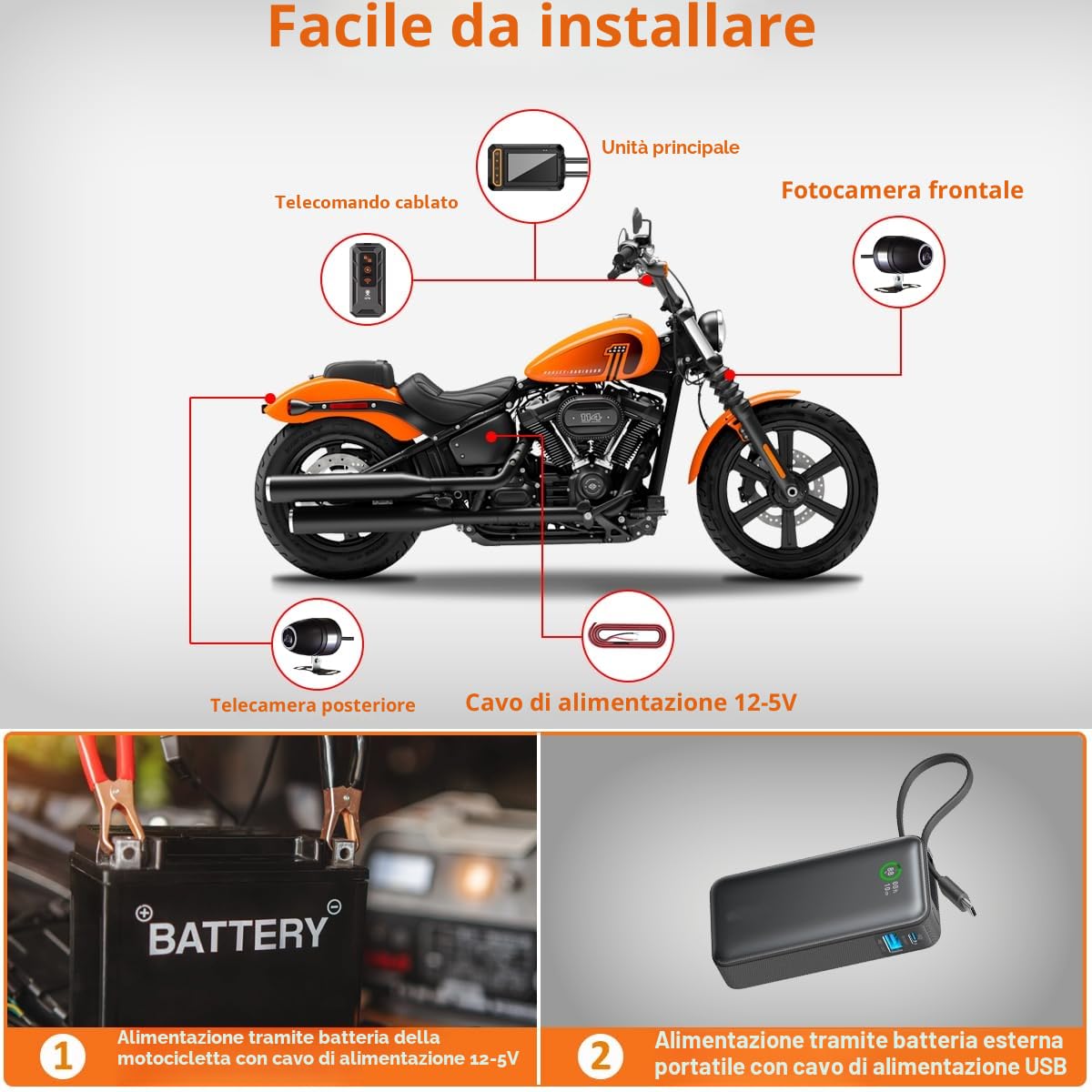 ydi Dash Cam Anteriore e Posteriore 1080P per Moto, Impermeabile Moto Doppia Grandangolare 155 Gradi Fotocamera con Schermo da 3 Pollici, Wi-Fi, GPS, Telecomando a Filo, Monitor di Parcheggio