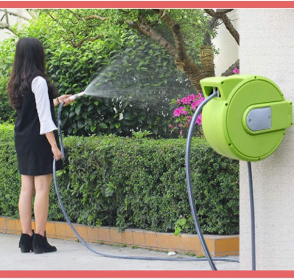 Carrete de manguera de montaje en pared, almacenamiento de agua retráctil de rebobinado automático con pistola de pulverización para lavado de automóviles y jardinería, soporte y estante duraderos