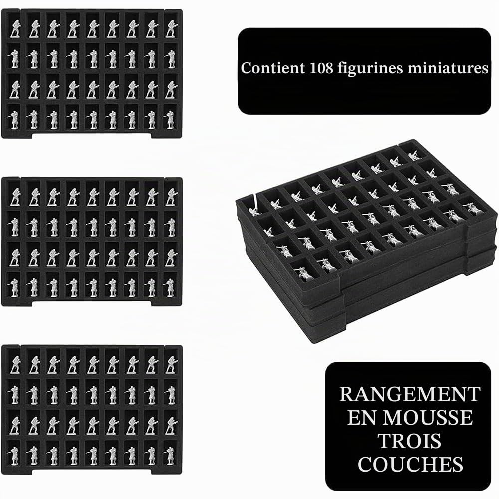 Risou Sac de transport pour figurines miniatures – 108 emplacements pour figurines miniatures compatible avec 40 K, D&D et plus (sac uniquement) (noir)
