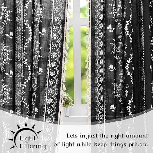 Image of Yinhua Boho Curtains for Living Room 84 Inch Length Vintage Linen Curtains for Bedroom Light Filtering Floral Window Curtain Rod Pocket & Back Tabs Rustic Tassel Drapes with Tiebacks, Black