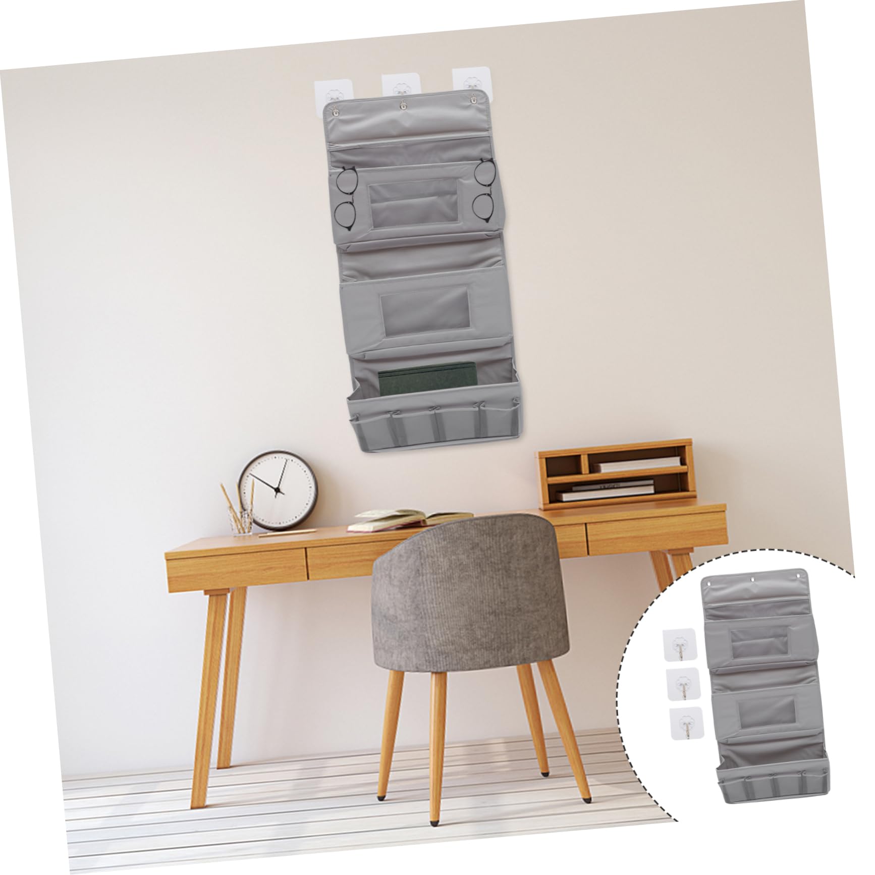 Mikikit Bolsa de Almacenamiento Colgante de Tela Gris con Ganchos sin Perforación Organizador Multiusos para Dormitorio Baño Cocina y Oficina Resistente y Compacto para Ropa y Objetos