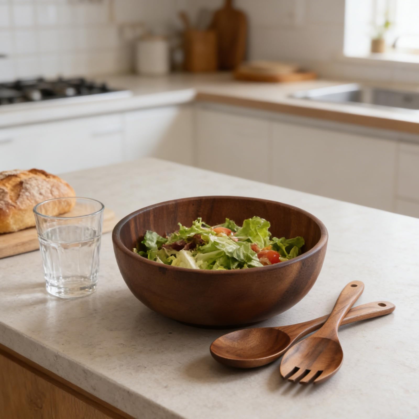 Juego de Cuencos de Madera para Ensalada Redondo 2, 5 L | Marrón, con Tenedor y Cuchara, Acabado Rústico, para Reuniones Familiares y Fiestas, Limpieza Sencilla