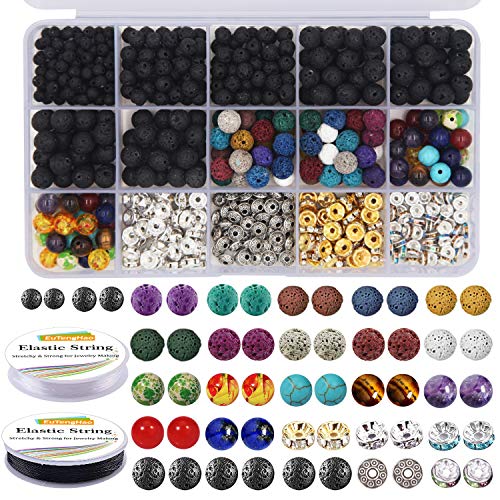 EuTengHao 602 Stück Lava-Perlen, Stein-Sets mit 8 mm Chakra-Perlen und Abstandshaltern, Perlen, Armband, elastische Schnur für diffuse ätherische Öle, Erwachsene, DIY-Schmuckherstellungszubehör