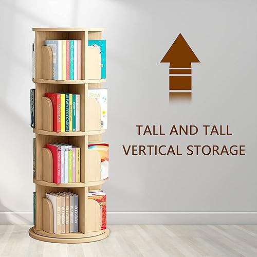 Miniatura 5 de SYALEO Estantería giratoria de 360 de madera maciza de 4 niveles, estante de almacenamiento de libros de pino estrecho organizador para dormitorio