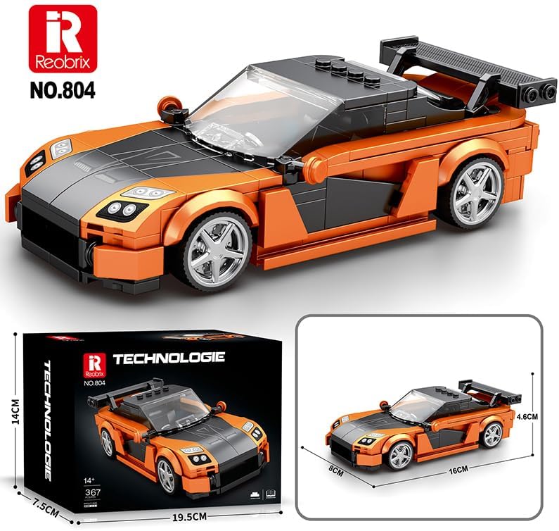The Reobrix 804 Mazda RX-7 product box and the assembled model with dimensions indicated.