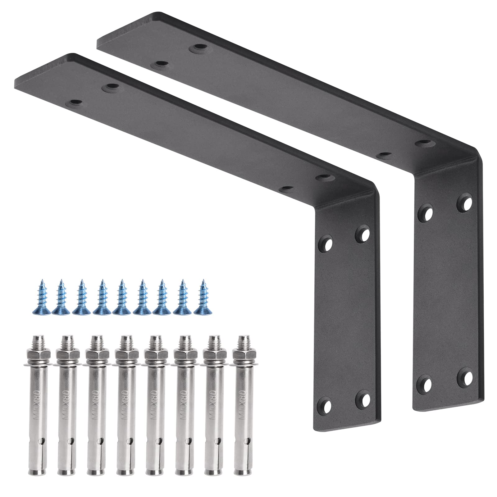 YUMORE Heavy Duty Shelf Brackets 10 inches, 1/5IN Thicken Countertop Support L Brackets, Solid Metal Shelf Bracket, Includes Hardware, Matte Black, 2 Pack — image 1