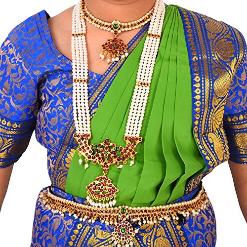 Image of BHARATANATYAMWORLD Bharatnatyam Readymade Blue & Green China Silk for Fancy Dress /Costume Competitions /School Events /Annual Functions