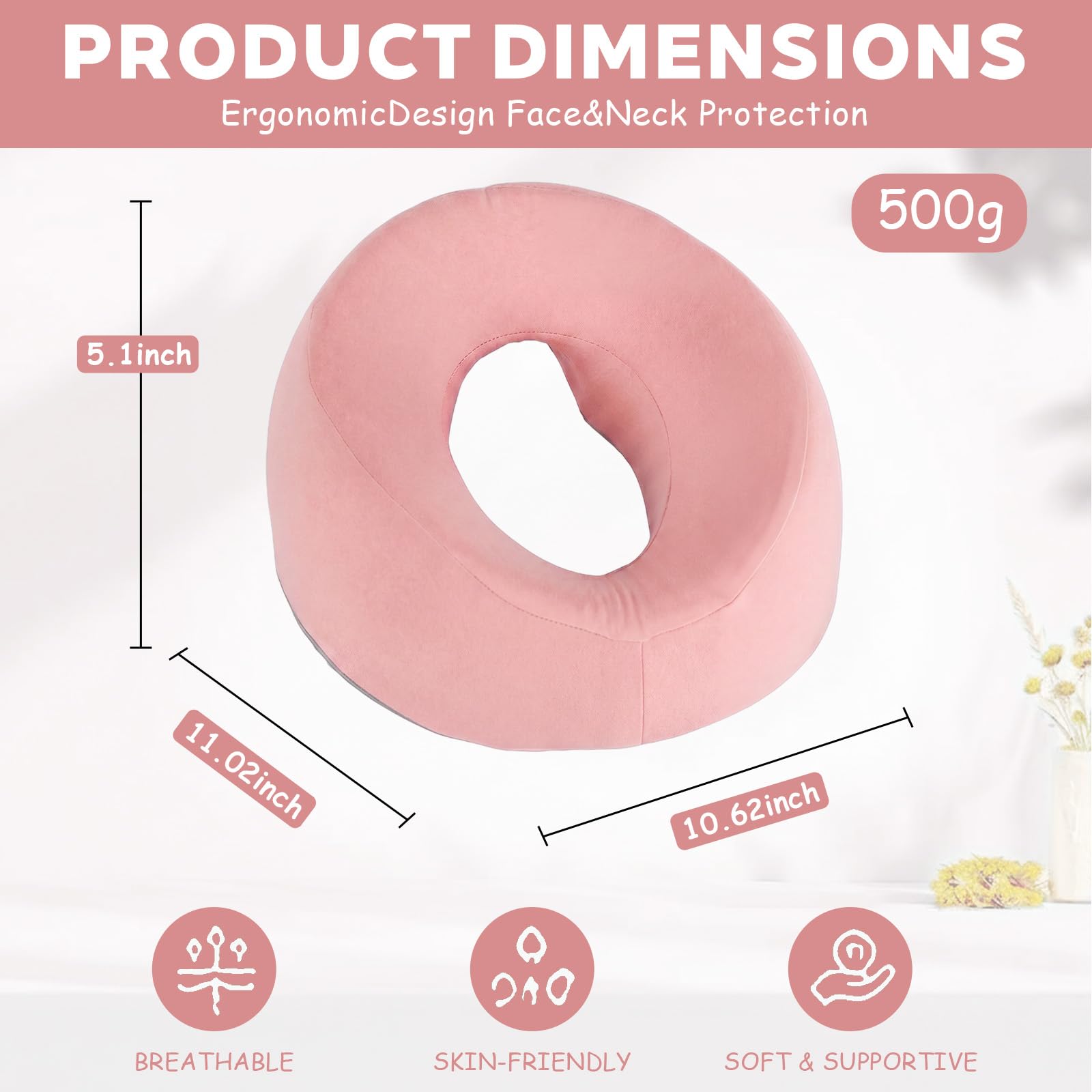 Almohada de Masaje Facial Boca Abajo con Agujero - Reposacabezas en Forma de U con Espuma Viscoelástica - Ideal para Camillas de Masaje, SPA, Salones de Belleza y Uso Doméstico（Rosa）
