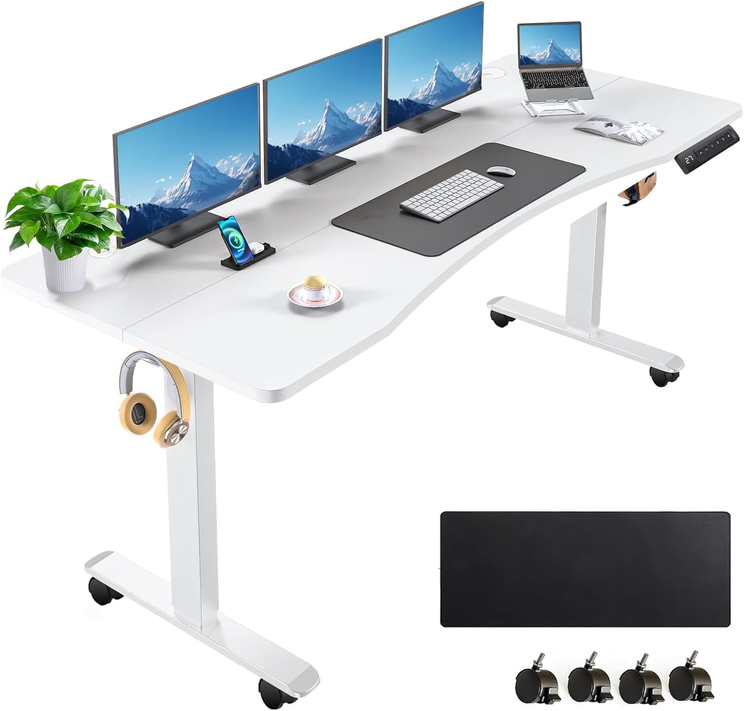 Standing Desk 63 x 24 in Adjustable Height,Electric Stand Up Desk,Curved Sit Stand Home Office Computer Desk with casters, Mouse pad and Headphone Hook(White)