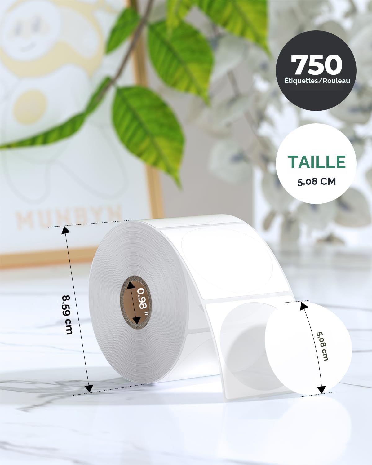 Hycodest Étiquettes Thermiques Rondes 5,1cm - Lot De 750 - Blanc - Pour Imprimantes Étiquettes