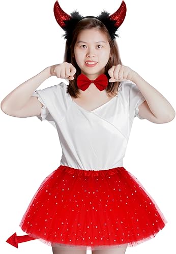 Miniatura 6 de Halloween Devil Costume Tutu Set Devil Horn Headband Tail Bowtie Tutu Skirt Demon Cosplay Dress Up Party Prop