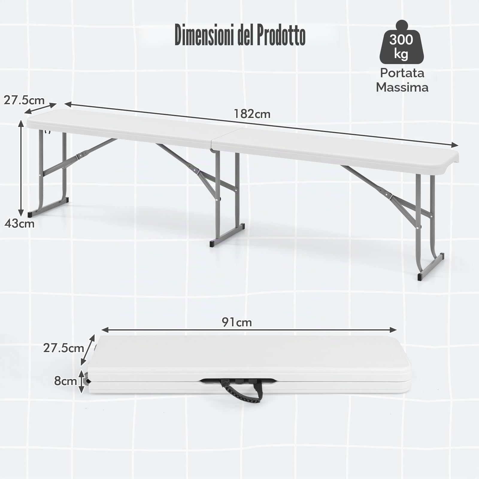 KOMFOTTEU Panca da Giardino Pieghevole in Plastica, Panchina da Esterno Portatile con Maniglia di Trasporto, Panca da Campeggio con Telaio in Metallo, per Patio, Picnic, Portata 300 kg (Bianco II)