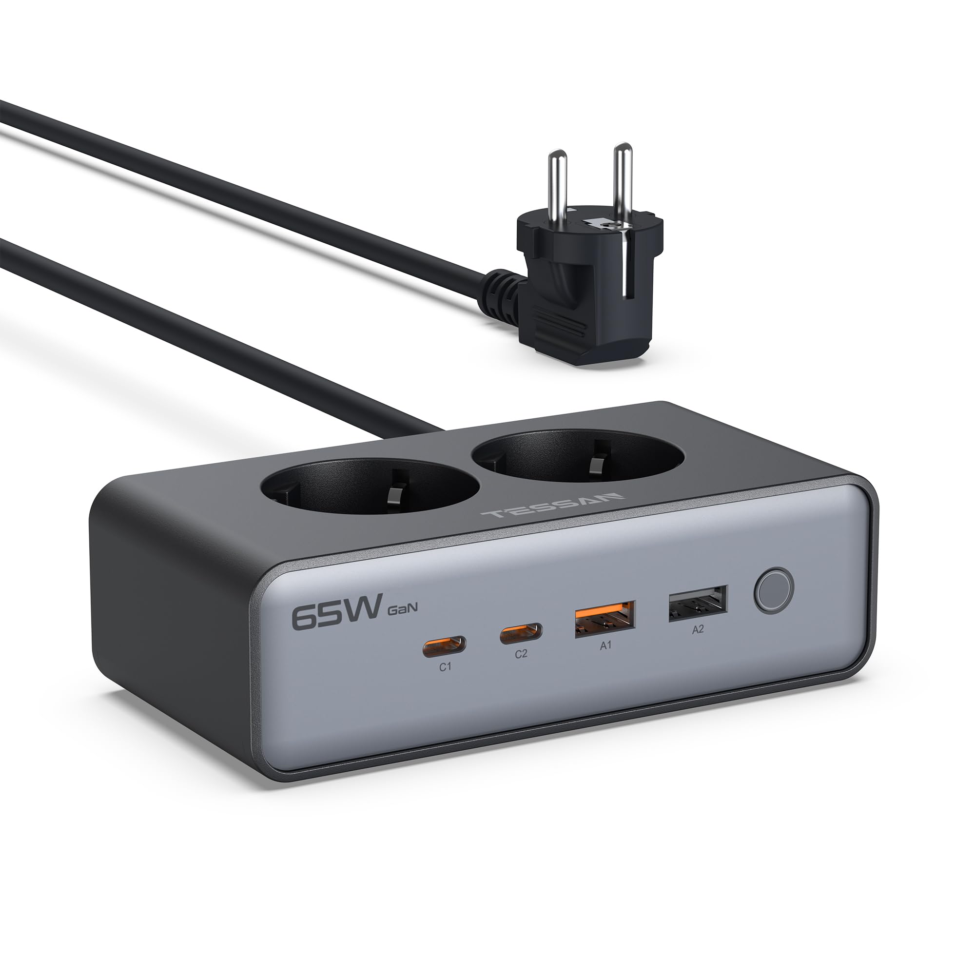 TESSAN Mehrfachsteckdose mit USB, 6 in 1 Steckdosenleiste Überspannungsschutz, 4000W Steckerleiste mit Schalter, GaN PD 65W USB C Schnellladen, 1,5m Verlängerungskabel, für Handy, Tablet, Laptop