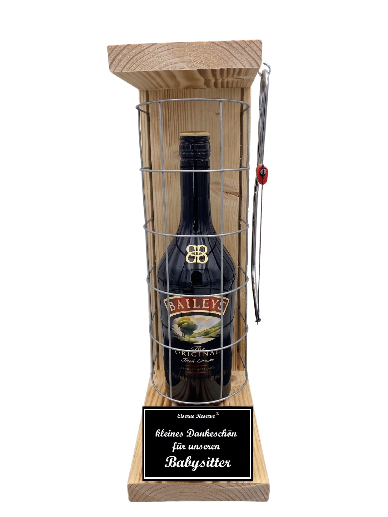 Eiserne Reserve Geschenk für Babysitter Baileys Geschenk Set Gitterkäfig incl. Notsäge Text s/w Kleines Dankeschön für unseren Babysitter Likör (1 x 0.7 l)
