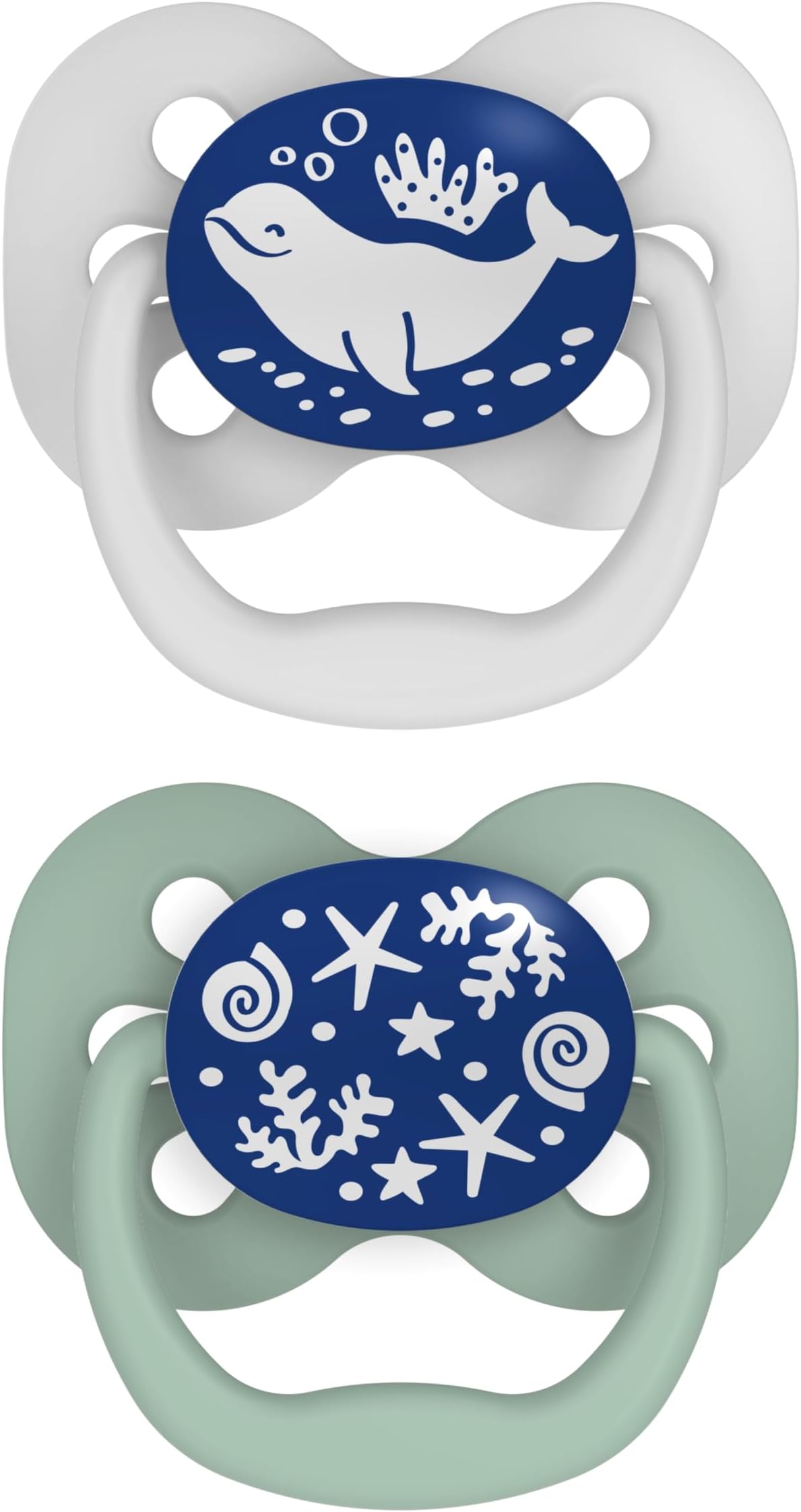 Advantage Glow-in-The-Dark Baby Pacifier, Fully Symmetrical Soother with Soft Silicone Bulb, Blue Ocean, 0-6m, BPA Free, 2 Pack