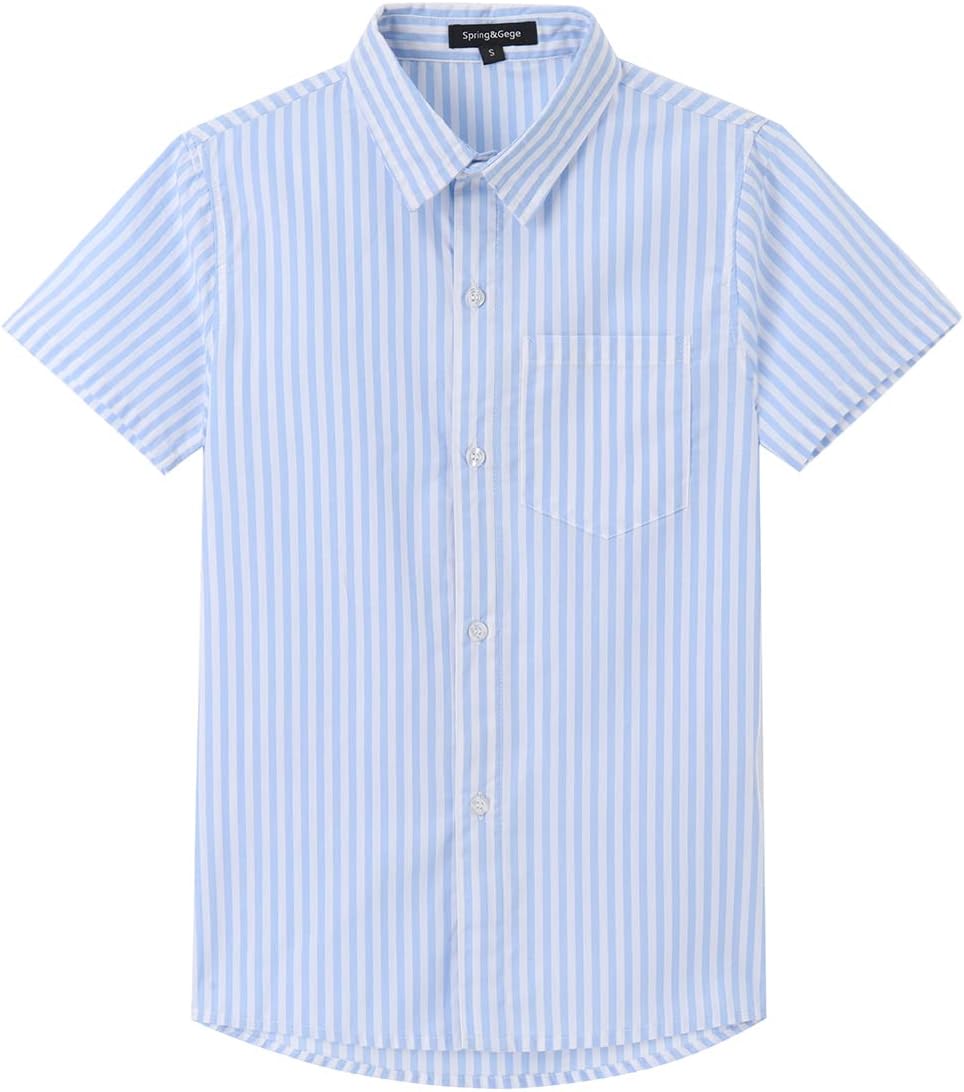 Spring&Gege Boys Casual Striped Shirt Button Down Short Sleeve Summer Beach Shirts with Single Pocket（5-14 Years）