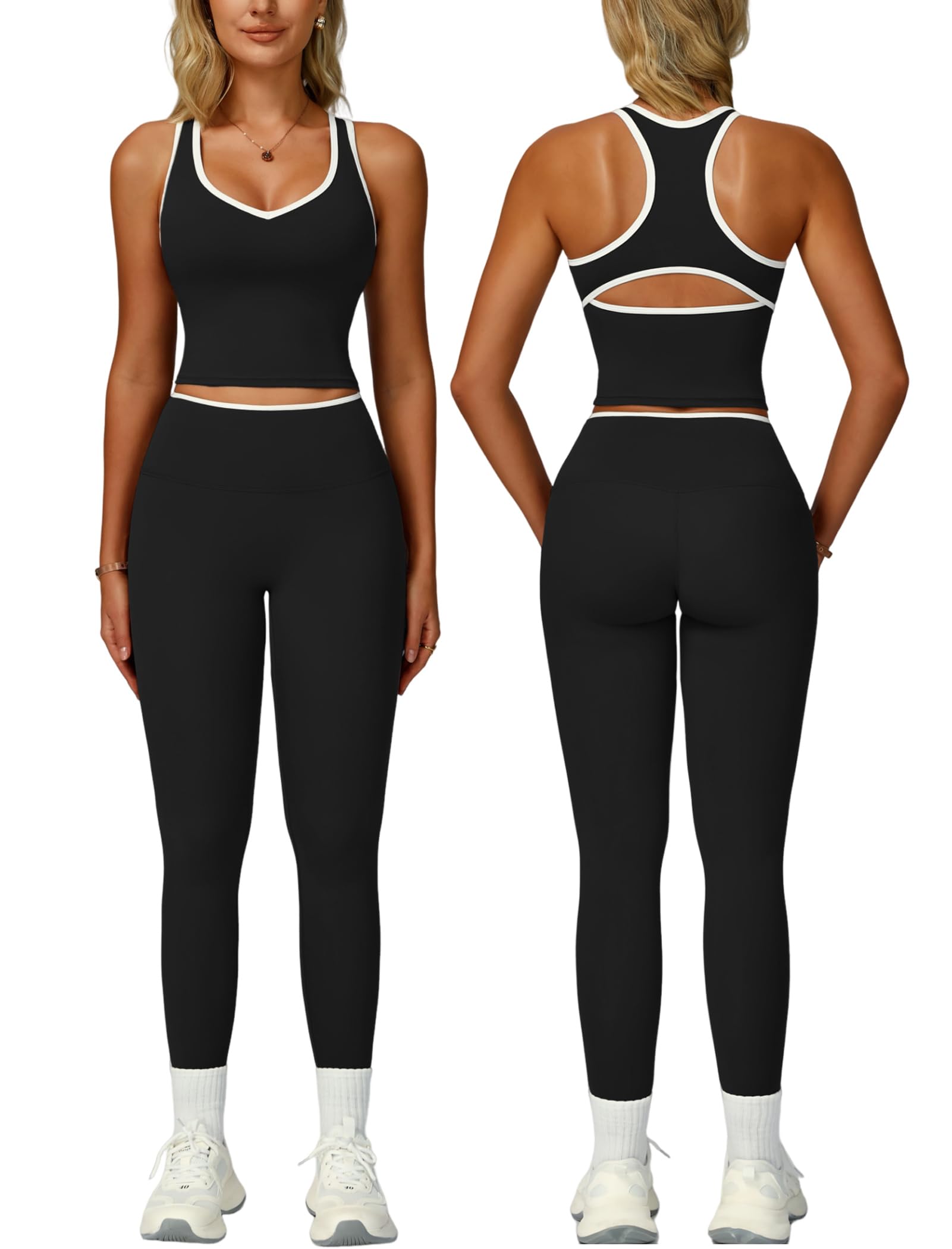 Womens Workout Set Two Piece Racerback Color Block Tank Tops Matching High Waist Leggings Gym Work Out Outfits