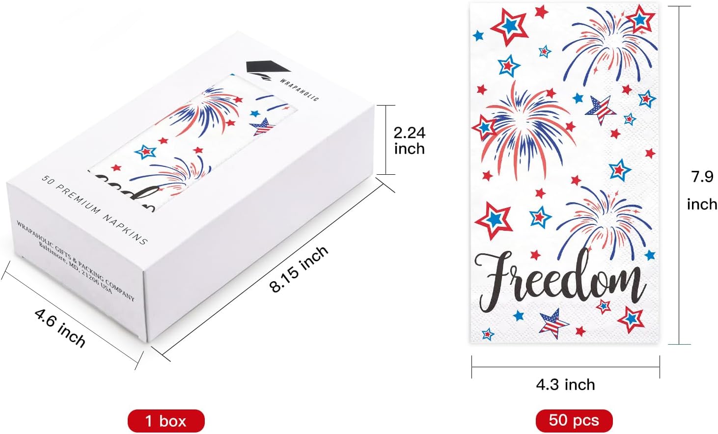 WRAPAHOLIC 50Pcs 4th of July Firework Paper Napkins - 3-Ply Freedom Watercolor Firework Guest Disposable Hand Towels for Bathroom, Independence Day and Summer Party - 7.9 x 4.3 In
