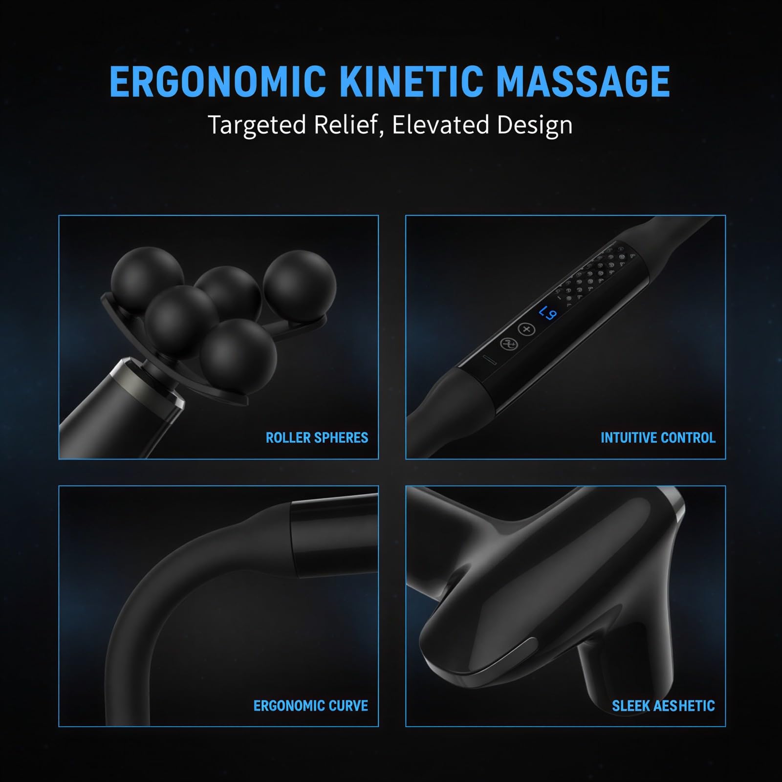 Massagegerät mit Verlängerungsgriff, ergonomisch gebogenes Handmassagegerät für den Rücken mit 8 Köpfen und L9-Display, Perkussionsmassage für Nacken, Beine und Schultern, Type-C aufladbar, leiser
