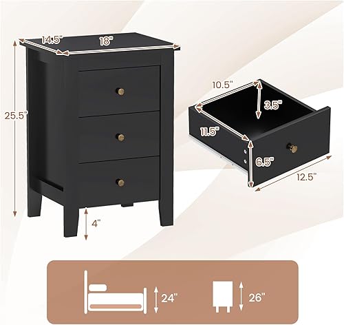 Miniatura 3 de Giantex Juego de 2 mesitas de noche con 3 cajones, mesita de noche negra de madera con cajón de almacenamiento y perillas redondas de metal, mesa