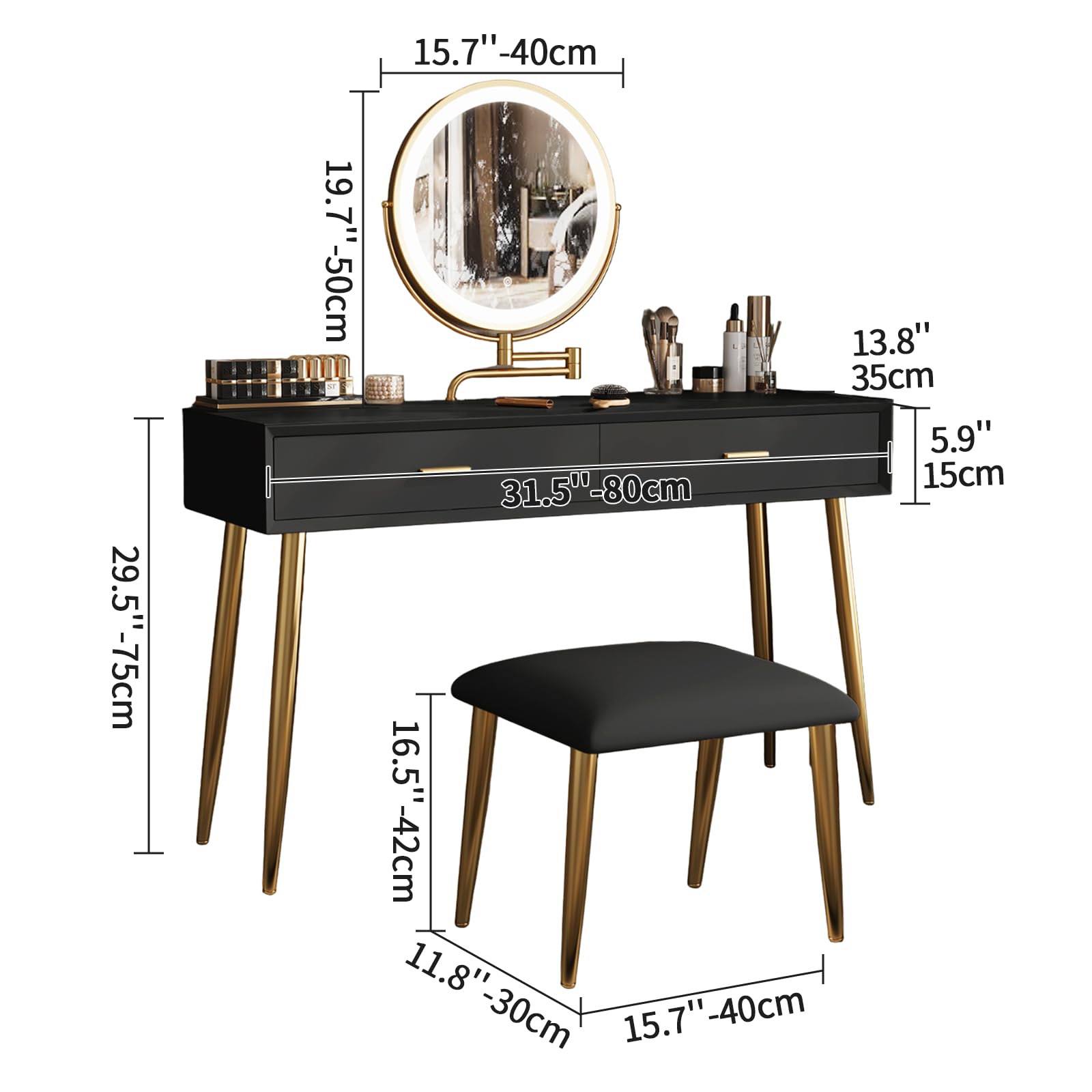 IKuinen Makeup Vanity Desk with Mirror and Lights, Small Vanity Table with 2 Drawers, Stool,Vanity Set for Bedroom with Microfiber Leather, 3 Lighting Modes - 31.5In Black
