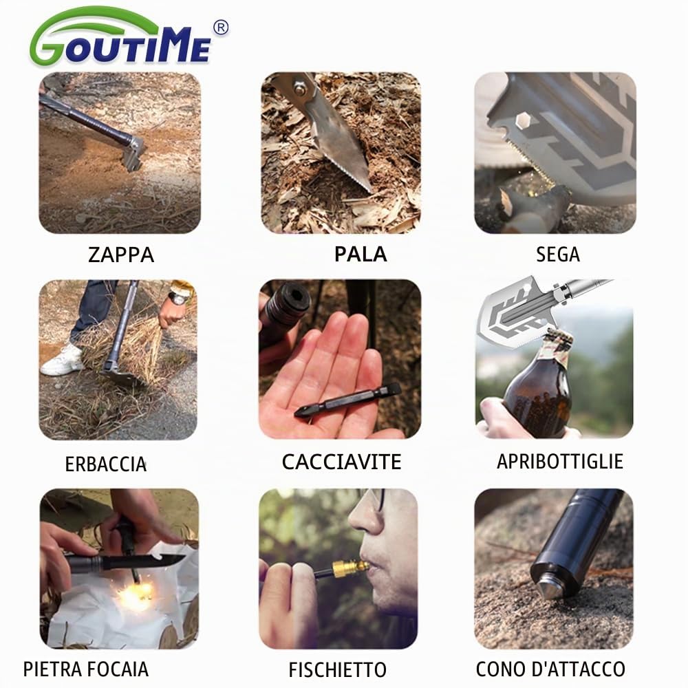 Goutime Pala da Campeggio ed Escursionismo, Kit Multiuso Pieghevole e Staccabile, con Custodia, Pala di Salvataggio e Pala di Sopravvivenza per Campeggio, Spiaggia, Escursionismo, attività all'aperto
