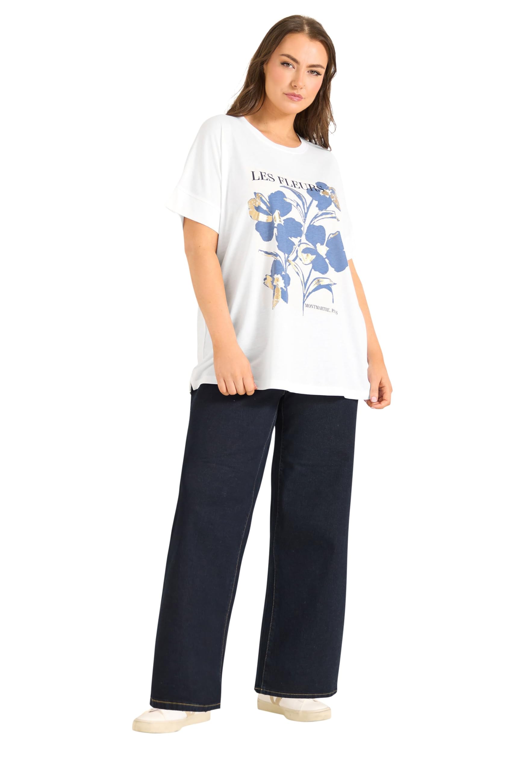 Evans Women's White Curve Floral Foil Detail Modal Rich T-Shirt - Plus Size Curve
