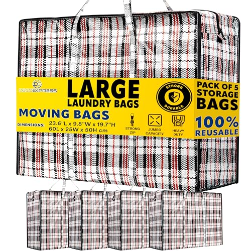 Deco Express Bolsas Ropa Sucia con Cremallera y Asas, 60x50x25cm, Pack de 5, Bolsa Almacenaje 75L Resistentes para Ropa, Mudanza (Pack of 5)