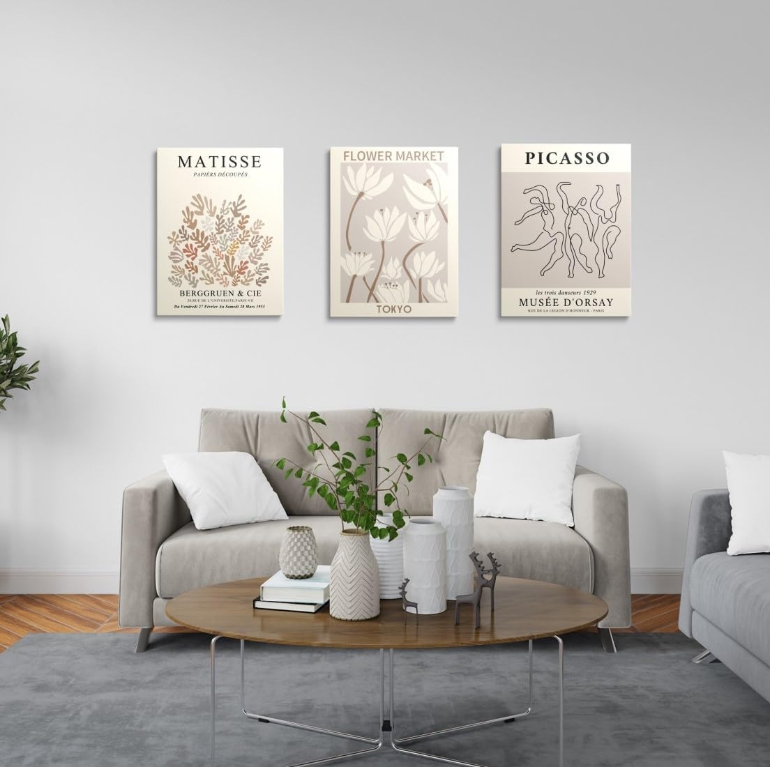 MINI ZOZI Matisse Wall Art Framed Flower Market Prints 12x16 3PCS Picasso Wall Decor Large Canvas Beige Posters Trendy Funky Aesthetic Abstract Line Minimalist Poster Danish Pastel Painting Bedroom Printing Neutral